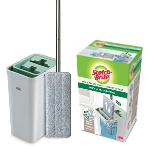 Scotch-Brite Plastic Hands-Free Microfiber Flat Mop with Compact Bucket, Splash Proof Design & Double Scraper for Easy Squeeze (1 Bucket, 1 Mop, 1 Refill)