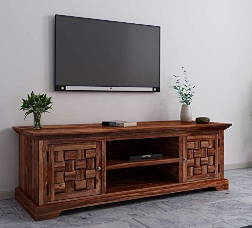Sheesham Wood TV Stand with 2 Door & Shelf Storage for Living Room Home Entertainment Unit Center Console TV Table Wooden Tv Cabinet (Natural Brown Finish)