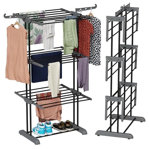 TEX-RO Clothes Drying Stand for Balcony /Cloth Dryer Stand/ Cloth Stand for Drying Clothes Foldable / MS Pipe Clothes Hanging Stand / Portable Cloth Rack for Indoor (3 Layer, Grey and Black)