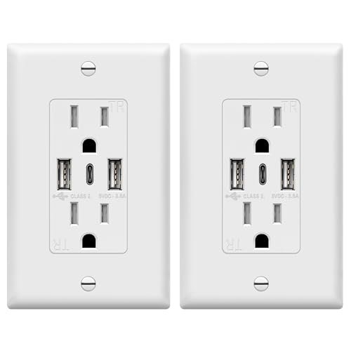 TOPGREENER USB Outlet, 3-Port Type C 3.6A 18W Wall Outlet, 15 Amp Receptacle, Charging Power Outlet with USB Ports, Compatible with iPhone 17 Series & More, UL Listed, TU21536AC3-2PCS, White, 2 Pack