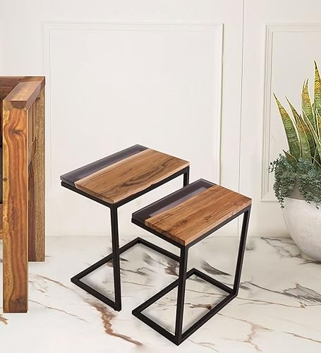 The Home CO. Modern Square Side Table for Living Room Bedroom Metal Frame Wooden and Resin Top Coffee Table End Table for Home Decor Nesting Table Fancy Home Office Table (White, Black & Brown)