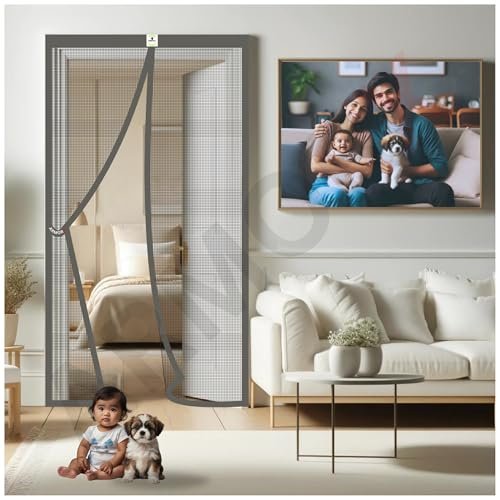 ARMORX High Tensile Polyester Magnetic Door Mosquito Net, Self Closing Magnets with Buckle Strap, Protection from Insects, Pets & KidsFriendly | Classic Grey -205cm x 110cm