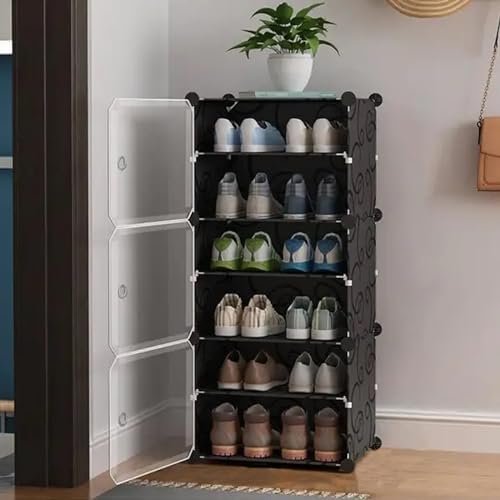 AYSIS 6 Shelf Multi-Purpose Plastic DIY Shoe Rack Box Organizer for Home, Home Storage Shoe Rack Stand with Door for Entryway, Chappal, Slipper, Sandals, Black, 6 Shelf, 3 Door