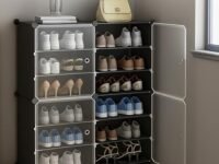 AYSIS Plastic Shoe Rack for Home | 𝟏𝟐 𝐒𝐡𝐞𝐥𝐟 DIY Shoe Rack with Door for Home Storage Plastic Box Organizer, Metal Door Frame, Chappal Slipper Sandals Stand (Black, 12-Shelf-4-Door)