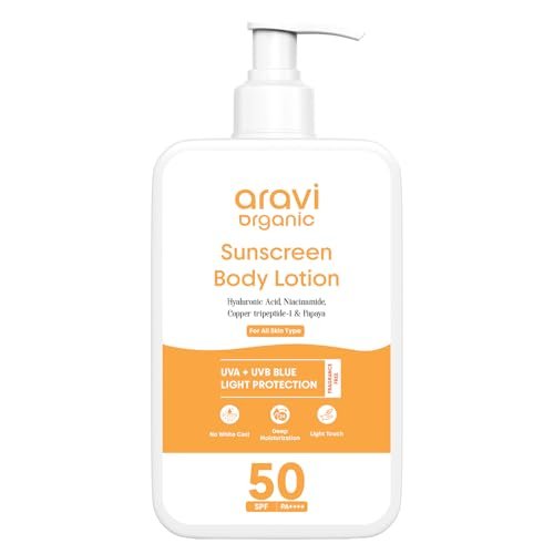 Aravi Organic Oil-Free Sunscreen Body Lotion SPF 50 PA++++ | (In-Vivo) Dermatologically Tested | Lightweight & No White Cast | UVA/UVB & Blue Light Protection | Niacinamide & Hyaluronic Acid | 200ml
