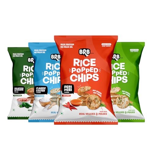 BRB Rice Popped Chips - 4 Flavours | Not Fried. Not Baked | High Protein | 50% Less Oil, No Palm Oil, Healthy Snack | 4 x (48g/54g) Combo Pack (weight may vary)