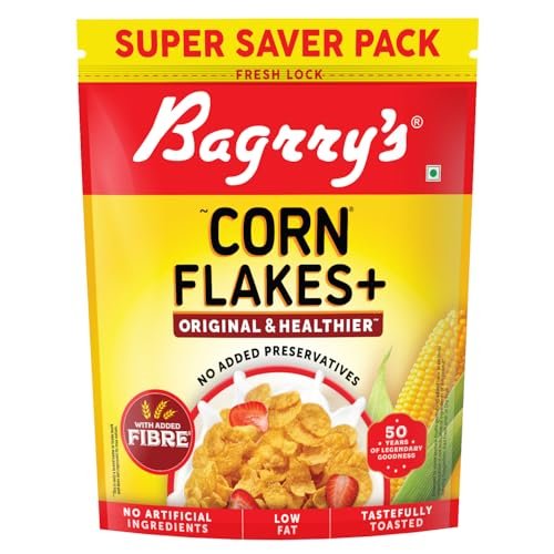 Bagrry’s Corn Flakes+ Original & Healthier 800g | Added Fibre | Prebiotic Breakfast Cereal | Golden Corn | Low Fat | Toasted & Crunchy Corn Flakes | No Added Preservatives