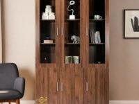 CASPIAN 3 Door Multipurpose Wooden Cabinet (Brown) | Glass Door Showcase | Engineered Wood | Use as Kids cupboards, Bookshelf & Kitchen Crockery Unit | for Bedroom, Living & Study Room, Home & Office