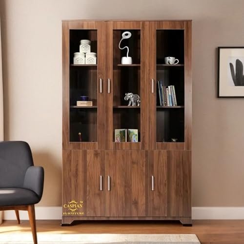 CASPIAN 3 Door Multipurpose Wooden Cabinet (Brown) | Glass Door Showcase | Engineered Wood | Use as Kids cupboards, Bookshelf & Kitchen Crockery Unit | for Bedroom, Living & Study Room, Home & Office