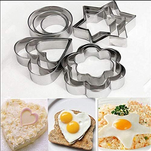 Cookie Cutters Shapes 12 pcs Heart,Flower,Star,Round Biscuit Cutter Set Omelette Fruit Pancake Shaper,Steel
