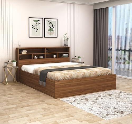 DesignFit Engineered Wood Queen Size Bed with Box Storage | Wooden Double Bed Cot Palang Furniture for Bedroom Living Room Home Hotel (Walnut Finish) 1 Year Warranty