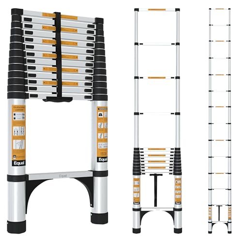 Equal 18 FT Aluminum Folding Telescopic Ladder with 2 Triangle Stabilizers | EN131 Certified with 2 Year Warranty | 150kg Max Capacity | Collapsible Ladder for Home or Outdoor Work (5.5m/14 Step)