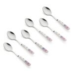 Floral Stainless Steel Spoons Set Home & Restaurant Dinner Table Spoon With Ceramic Handle Chamach (Floral Small Spoons,Set Of 6), 23 Centimeters