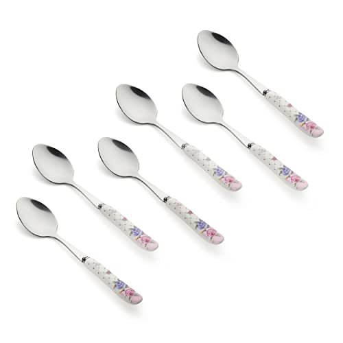 Floral Stainless Steel Spoons Set Home & Restaurant Dinner Table Spoon With Ceramic Handle Chamach (Floral Small Spoons,Set Of 6), 23 Centimeters