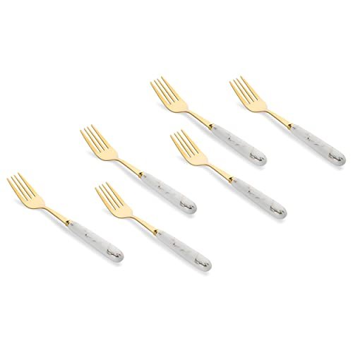 Golden Stainless Steel Fork Set With Ceramic Handle - 6-Piece 19cm Cutlery for Home Kitchen, Restaurant, Dinner Table, Serving Salad and Fruit