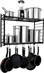 Iron Large Size Wall Mounted 2-Tier Kitchen Spice Rack Organizer With 10 S Hooks For Kitchen Storage, Black, Hanging Shelves