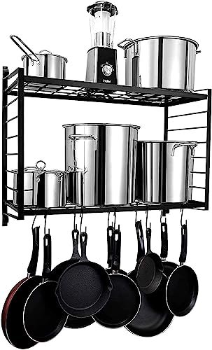 Iron Large Size Wall Mounted 2-Tier Kitchen Spice Rack Organizer With 10 S Hooks For Kitchen Storage, Black, Hanging Shelves