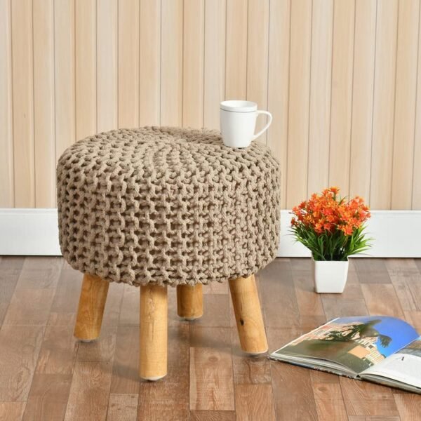 Jute Pouffes Sitting Stool for Living Room Poof Puffy Wooden Ottoman Stools Cotton Poof Furniture Footrest Pouf Footstool for Office Home Decor, 42X42X43Cm, Cotton, Beige
