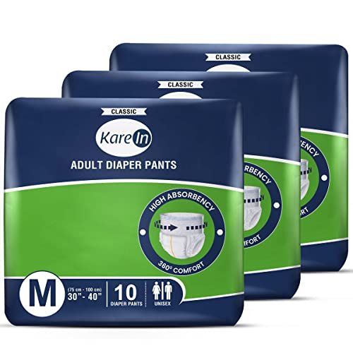 KareIn Classic Adult Diaper Pants, Medium 75 - 100 Cm (30"- 40"), 30 Count, Unisex, Leakproof, Elastic Waist, Wetness Indicator, Pack of 3
