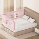 Kids Station Baby Safety Bed Rail - Foldable - Portable Bed Rail Safeguard Fence with 28 Adjustable Height - Baby Safety Product - 6ftx5ft or 180x150cm (2 Sides, Pink, Printed)