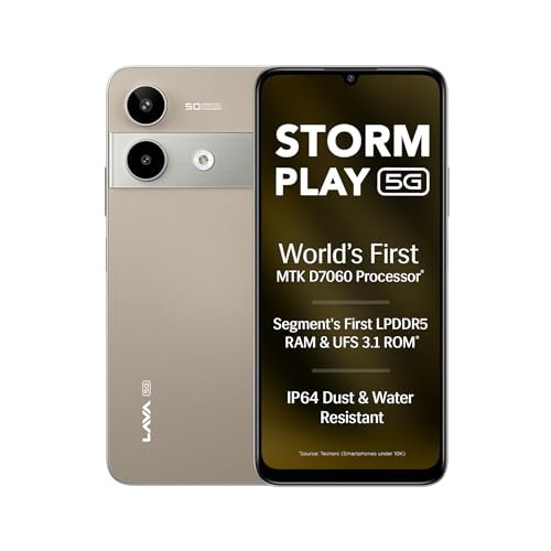 Lava Storm Play 5G (Dune Titanium, 6+6*GB RAM, 128GB Storage) | World's First MTK D7060 Processor | 500k+ Antutu | LPDDR5 RAM | UFS 3.1 Storage | 50MP AI Camera | 120Hz Refresh Rate | IP64 Protection