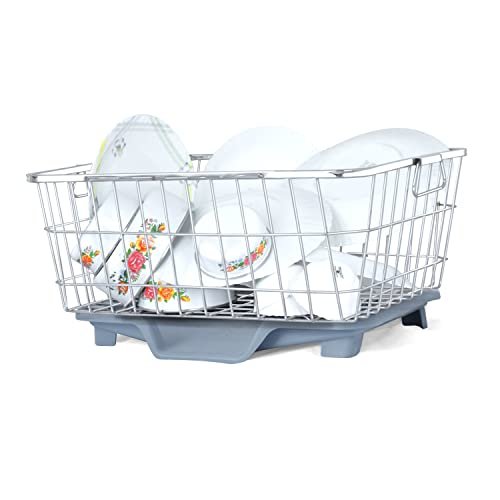 LiMETRO STEEL Stainless Steel Dish Drainer | After Wash Utensils Basket (Dish Rack On Water Tray & 1 Spoon Holder)