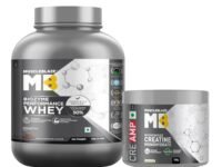 MuscleBlaze Biozyme Performance Whey Protein Powder, Rich Chocolate (2kg / 4.4lbs) & Micronised Creatine Monohydrate CreAMP Powder, Unflavoured (32 Servings, 100g) | Pack of 2
