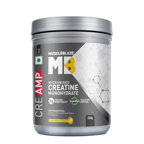 MuscleBlaze Micronised Creatine Monohydrate CreAMP Powder, Citrus Blast (80 Servings, 320g) | Trustified Certified Creatine