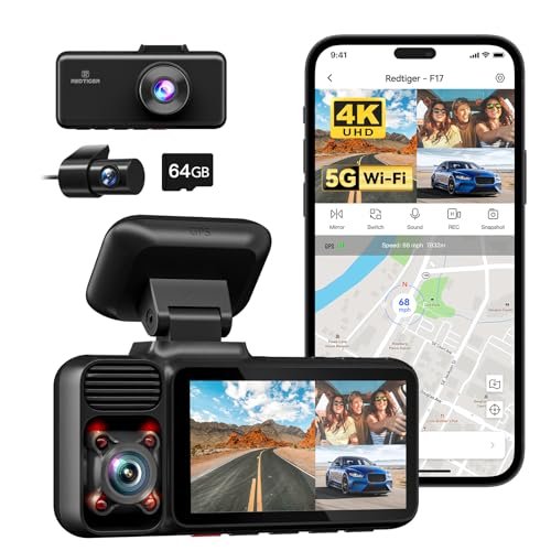 REDTIGER F17 4K 3 Channel Dash Cam 5G WiFi Built-in GPS, Free 64GB Card, 2160P+1080P+1080P Front and Rear Inside Loop Recording, Triple Car Camera with 3 Inch Screen, IR Night View, WDR, Parking Mode