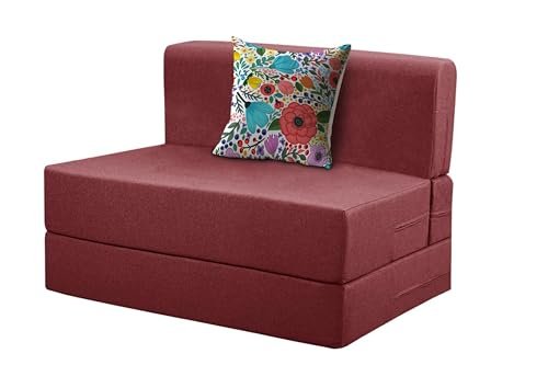 Rosebell Foldable One Seater Sofa Cum Bed, Sofa Bed 3 X 6 Feet, Jute Fabric- Washable Cover- Including 1 Cushion Perfect for Home & Office for Guests(Red Color)