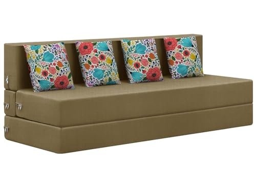 Rosebell - Four Seater Sofa Cum Bed, Foldable Sofa Bed 6 X 6 Feet, Jute Fabric- Washable Cover- Including 4 Cushion Perfect for Home & Office for Guests(Golden Color)