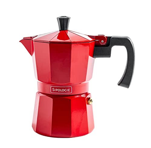 Sipologie Roma Moka Pot Espresso Maker, 180ml, Classic Italian Brewing for Strong and Flavourful Coffee, Premium Grade Aluminium Stovetop Percolator, Red