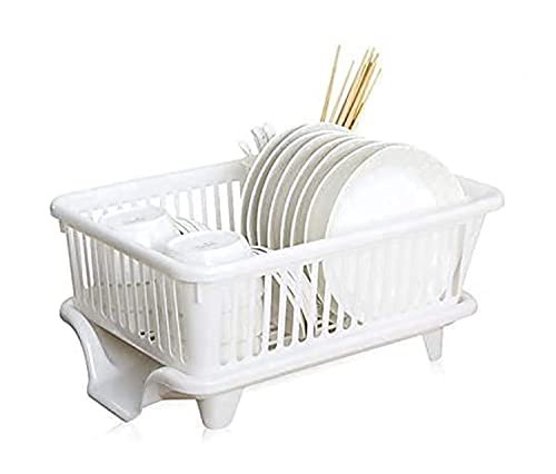 THEODORE 3 in 1 Large Durable Plastic Kitchen Sink Drainer Drying Rack Washing Basket with Tray for Kitchen, Dish Rack Organizers (White Dish Rack,(White) 12 x 10 x 10 Cm