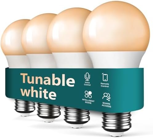 TREATLIFE Smart Light Bulbs 4Pack, 2.4GHz WiFi Smart Bulb, 2500K-6500K Tunable White Dimmable LED Light Bulb Compatible with Alexa and Google Home, 800LM, E26 A19 9W, No Hub Required