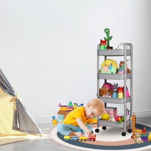 The Tickle Toe 4 Tier Small Kitchen Movable Trolley Storage Organizer with Wheels | Space Saving Rolling Onion Potato Rack & Fruit Basket | Used in Office & Kids Room Also | 42Lx27.5Wx103H Cm