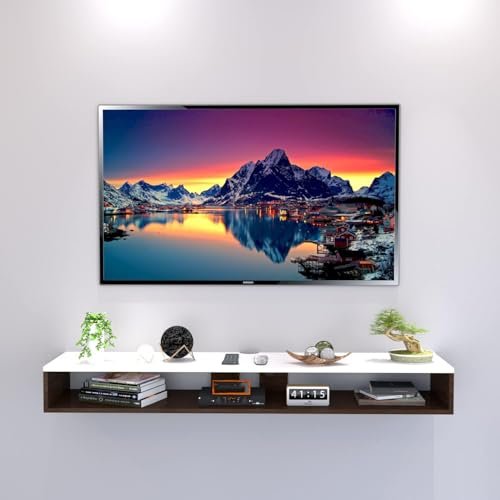 Wooden Wall Mounted TV Unit 90 CM | Engineered Wood TV Entertainment Cabinet | TV Stand Shelf for Living Room | Black & White Modern Set Top Box Stand | Fits TV up to 42 Inches - Brown-White