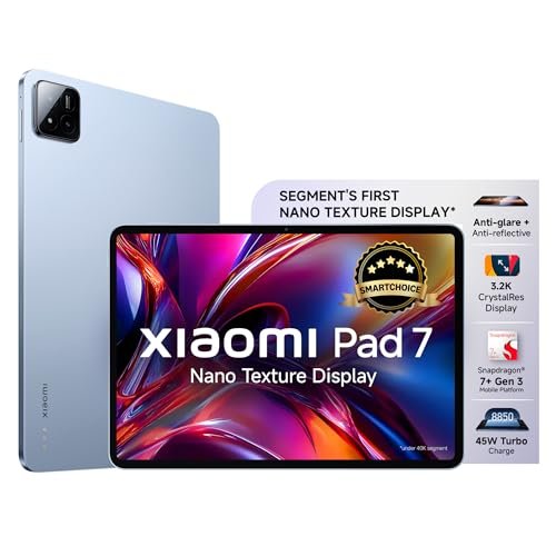XIAOMI Pad 7 Nano Texture Display [Smartchoice] | Snapdragon 7+ Gen 3| 3.2K Display (28.44 cm /11.2") Tablet| 12GB, 256GB| Anti-Reflective| Anti-Glare| HyperOS 2| Dolby Vision Atmos | Mirage Purple