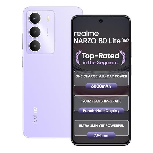 realme NARZO 80 Lite 5G (Crystal Purple, 6GB+128GB) | 6000mAh Long-Lasting Battery | MediaTek Dimensity 6300 5G | AI Assist | IP64 Rated Water & Dust Resistance | Military-Grade Durability