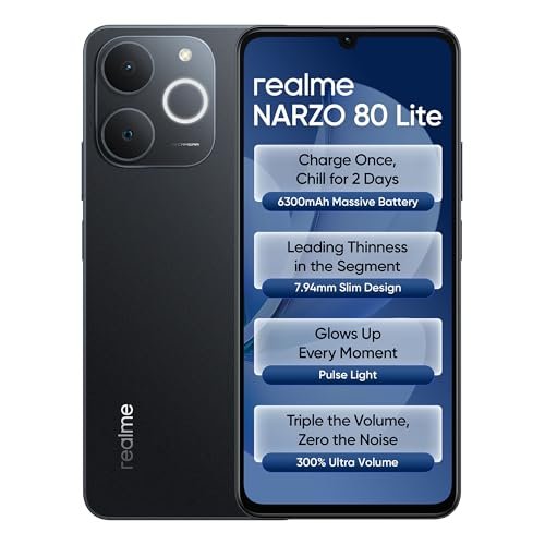 realme NARZO 80 Lite 4G (Obsidian Black, 4GB+64GB) | 6300mAh Segment's Biggest Battery | 7.94mm Slim Design | 300% Ultra Volume | Pulse Light: 9 Colors, 5 Glow Modes | Ai Assist