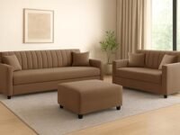 3 + 2 Seater Wooden Sofa Set – Comfortable Velvet Fabric Sofa with Ottoman, Stylish & Space-Saving Design for Home & Office - Golden Color