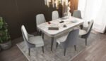 6-Seater Wooden Dining Table Set | Nano Composite Marble Top | Solid Wood Base | Modern Dining Room Furniture with 6 Chairs (Gray)
