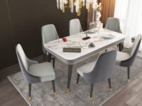 6-Seater Wooden Dining Table Set | Nano Composite Marble Top | Solid Wood Base | Modern Dining Room Furniture with 6 Chairs (Gray)