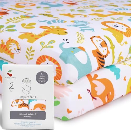 A Baby Cherry Fitted Crib Sheet 100% Organic Jersey Cotton 125 * 65CM, 2 Pack Super Soft and Cozy Crib Cover Set for Toddler Mattress, Crib Bedsheet for Boys & Girls, Bird & Jungle