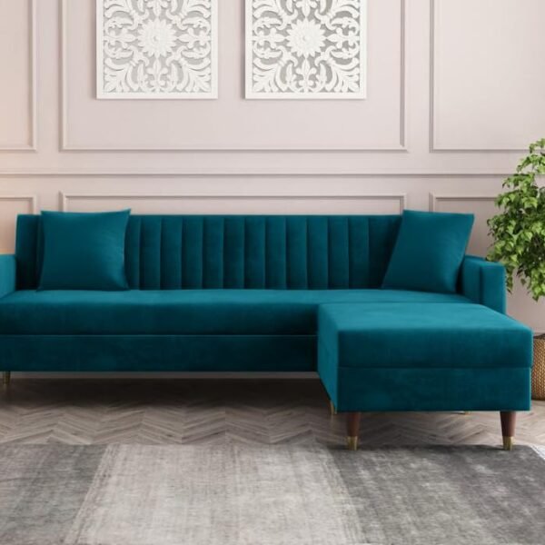 AMATA Elegant 4 Seater L Shape Ocean Blue Fabric Sofa Set with Two Cushions Perfect for Home Office Guests Living Room (02 Ocean Blue, L Shape)(03 Year Warranty)