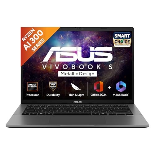 ASUS Vivobook S14, Smartchoice, AMD Ryzen AI 7 350, 16GB RAM, 1TB SSD,OLED, 14", Windows 11, Office 2024, M365 Basic (1Year), Matte Gray, 1.4Kg, M3407KA-SF049WS, 50 Tops,Metallic Design,Copilot+ AI PC