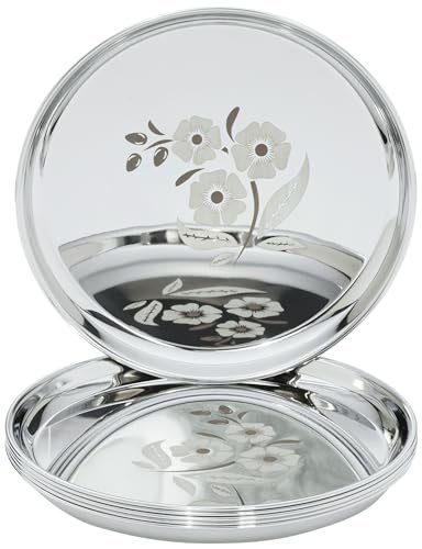 Amazon Solimo Stainless Steel Plate Set | Set of 6 | 12 Inches | Floral | Silver