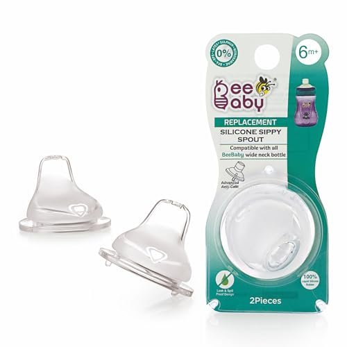 BEEBABY Replacement Anti-Colic Soft Silicone Sippy Spout Nipple with Storage Case. Fits All Wide Neck Bottles. Non-Spill, Leak Proof, 100% Bpa Free, (White, Pack of 2, 9 Months +)