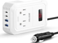 BESTEK 200W Car Power Inverter - DC 12V to 110V AC Converter with 2 USB-C(30W) and 2 USB-QC(18W) - Fast Car Charger Adapter with LCD Screen, Dual AC Adapter for Laptops