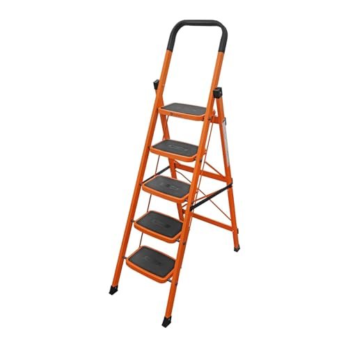 BonKaso Premium Alloy Steel Heavy Duty Multipurpose Foldable 5 Step Ladder with Connecting Frame & Belt Support, Load Capacity Upto 120kg for Home and Outdoor - (Orange)