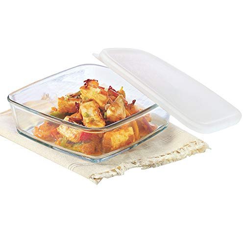 Borosil 500ml Baking & Serving Square Shape Dish with White Lid | Borosilicate Glass Bakeware and Serveware Tray | Microwave, Oven & Dishwasher Safe Bowl | Transparent